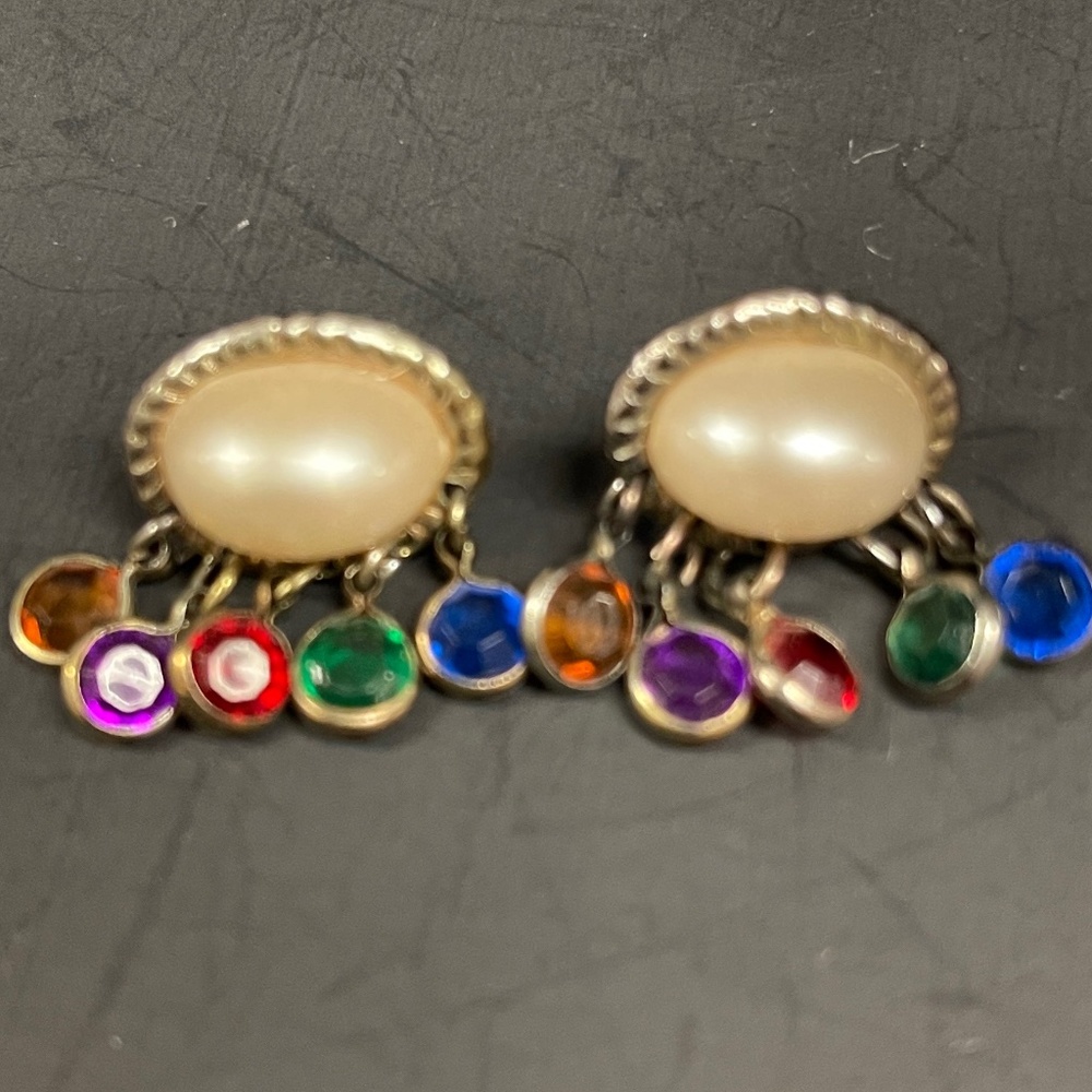 Marvella Pierced Earrings Large Faux Pearl and Dangling Multicolor Beads